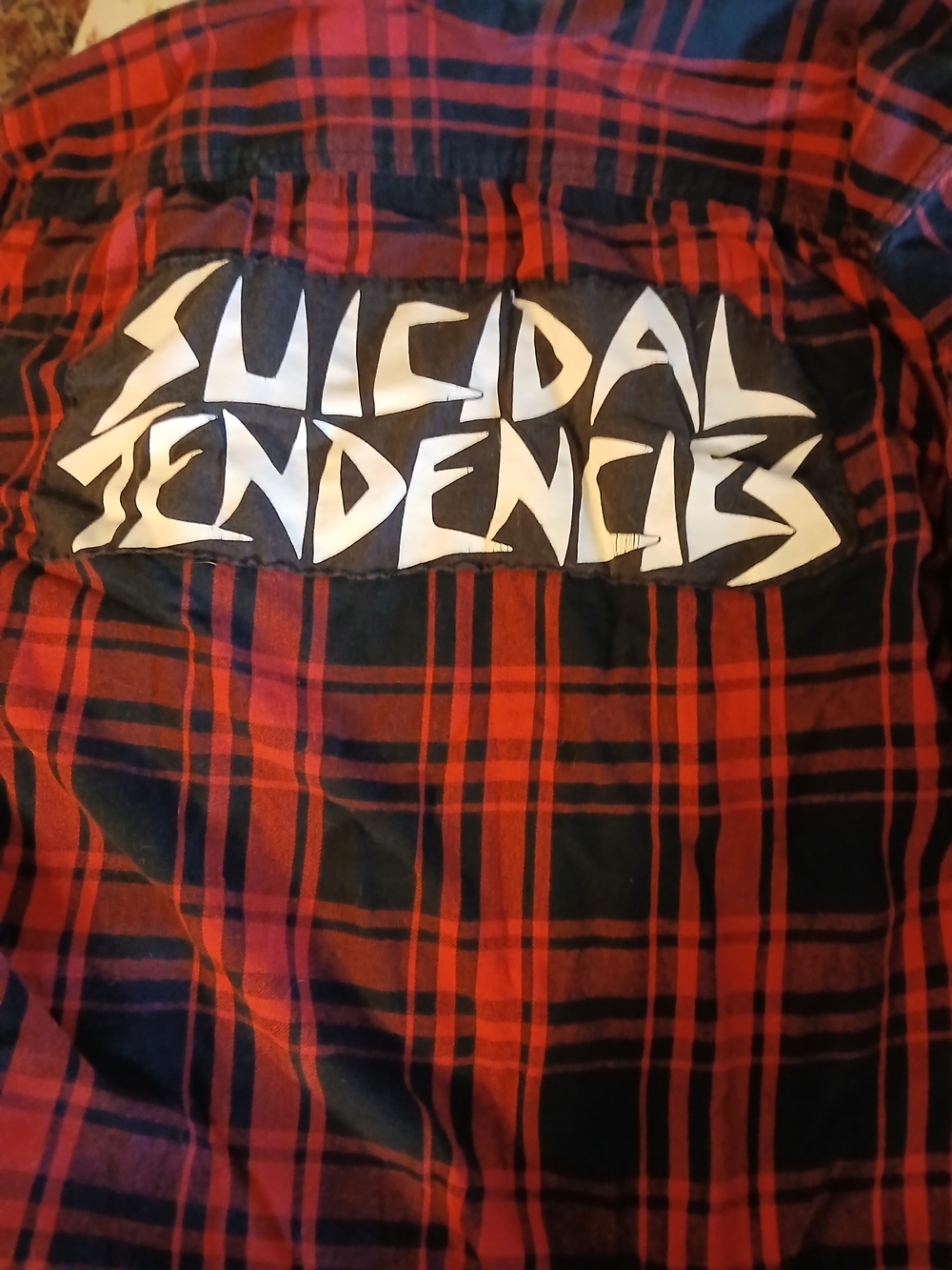 Faded Glory Red and Black Plaid Shirt Jacket with Suicidal Tendencies Patch